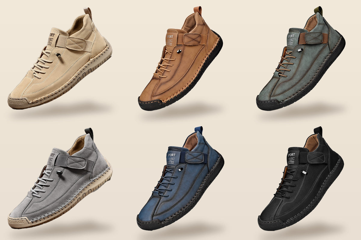 Les coloris Dayfoot : abricot, marron clair, vert kaki, gris, bleu et noir