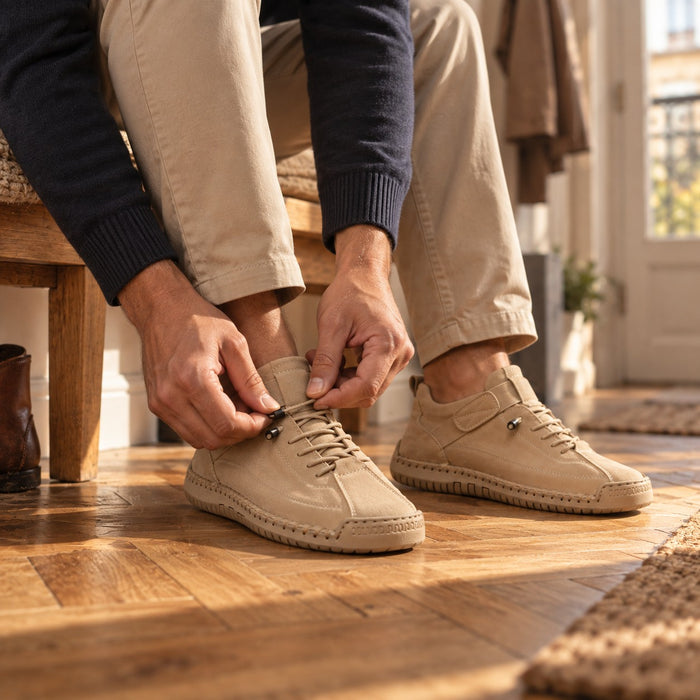 Une personne ajuste ses chaussures Dayfoot le matin avant de sortir