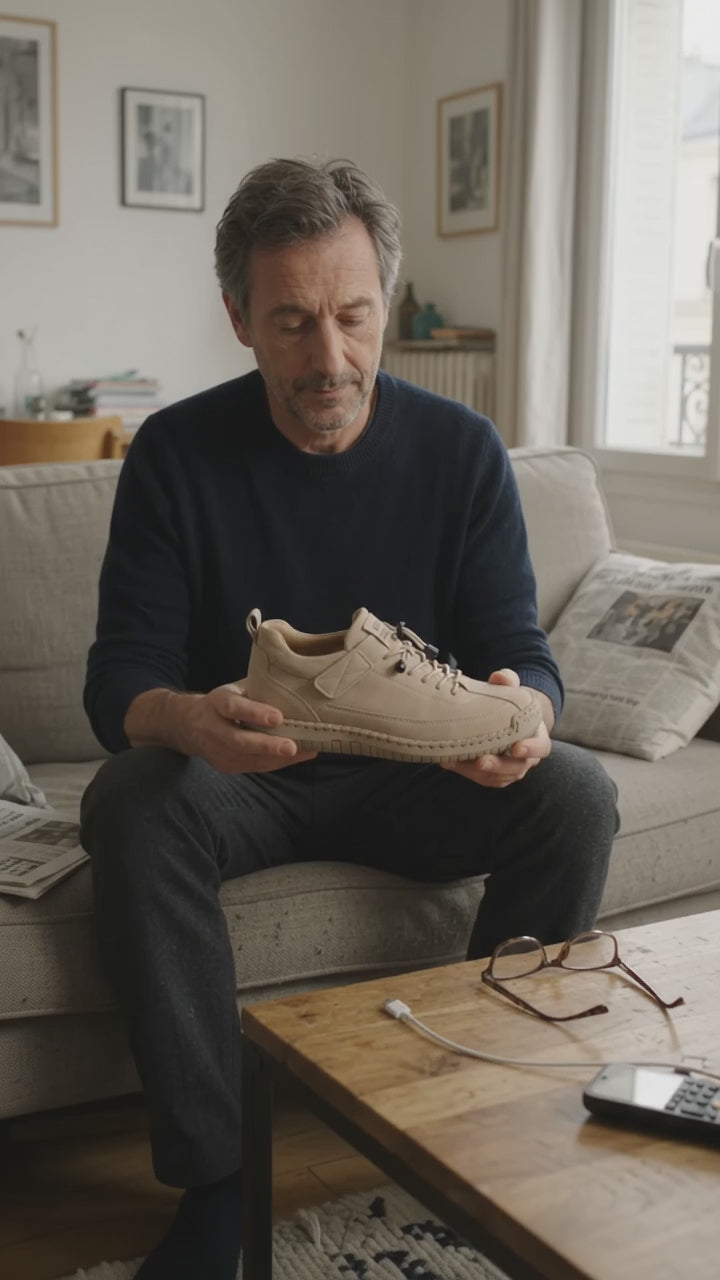 Vidéo d'illustration : un homme observe une chaussure Dayfoot dans son salon